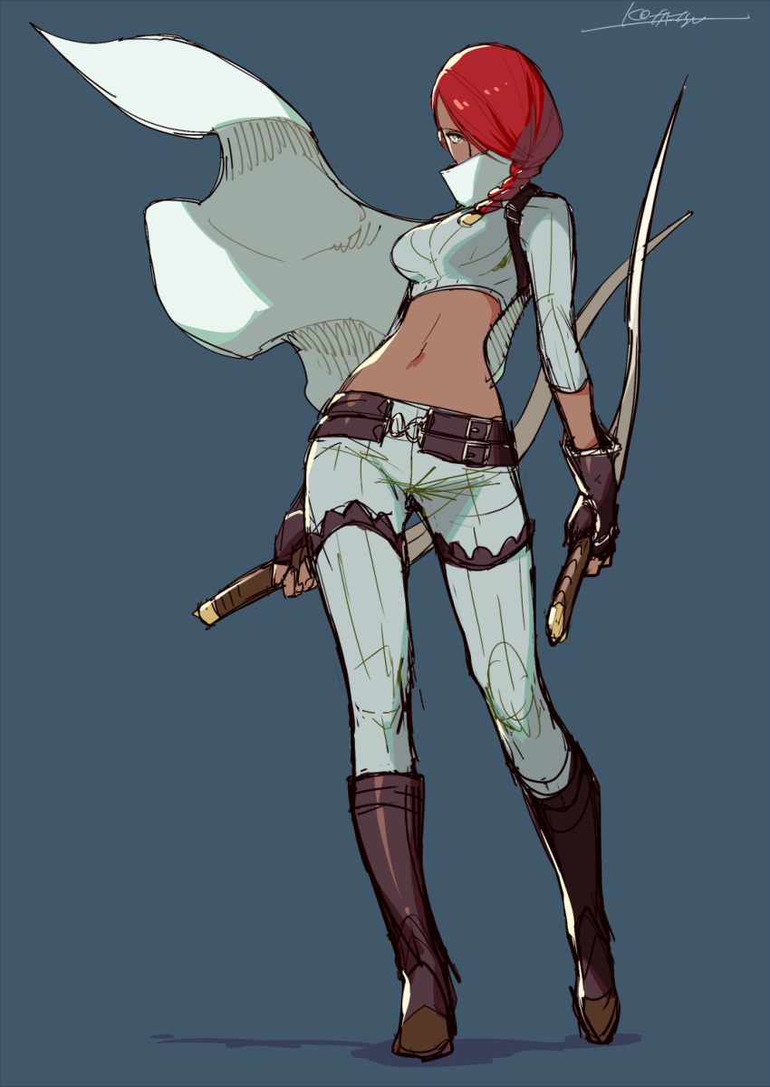 1girl, belt, blue_background, boots, braid, brown_footwear, cape, closed_mouth, covered_mouth, devil_may_cry, devil_may_cry_(series), devil_may_cry_2, dual_wielding, full_body, grey_eyes, hair_over_one_eye, highres, holding, holding_sword, holding_weapon, knee_boots, kotatsu_(g-rough), lucia_(devil_may_cry), midriff, multiple_belts, navel, one_eye_covered, pants, redhead, reverse_grip, signature, simple_background, single_braid, solo, standing, sword, weapon