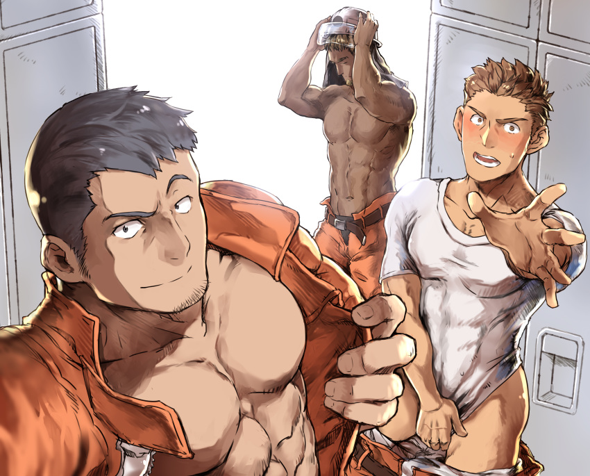 3boys, abs, absurdres, bara, bare_chest, black_hair, blush, brown_hair