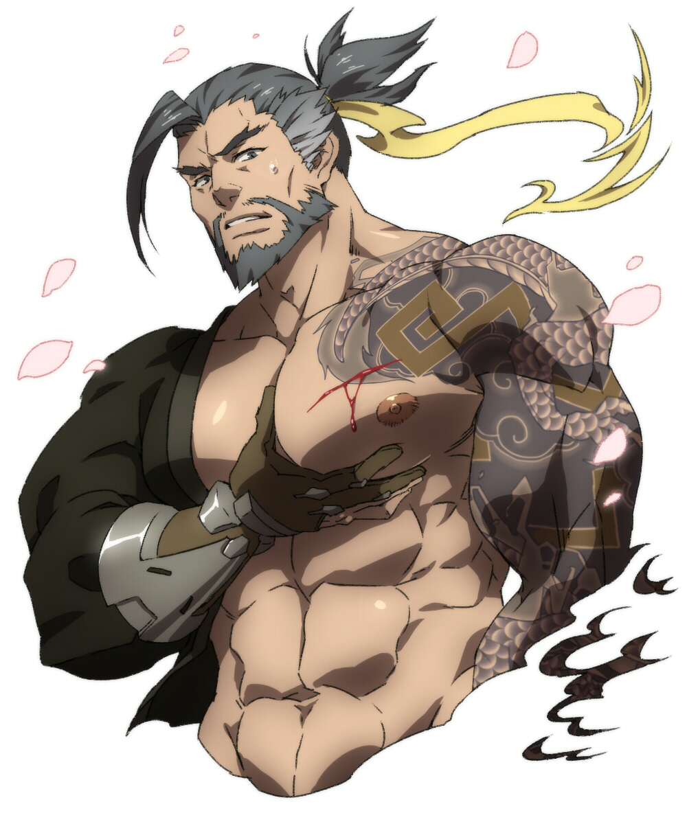 1boy, abs, bara, bare_chest, beard, blood, chest, cropped_torso, facial_hair, forked_eyebrows, grabbing, grey_hair, hanzo_(overwatch), highres, injury, konohanaya, male_focus, manly, medium_hair, muscle, navel, nipples, overwatch, pectoral_grab, prosthesis, prosthetic_arm, self_fondle, shoulder_tattoo, solo, sweatdrop, tattoo