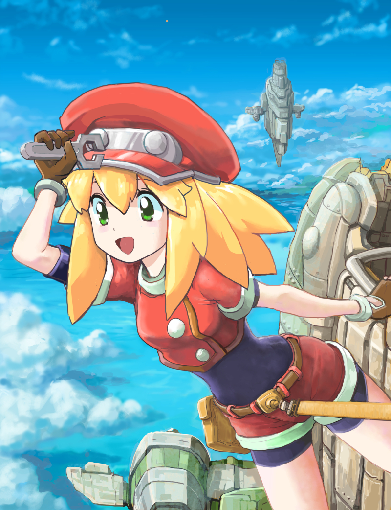 1girl, belt, bike_shorts, bike_shorts_under_shorts, blonde_hair, blue_sky, breasts, brown_gloves