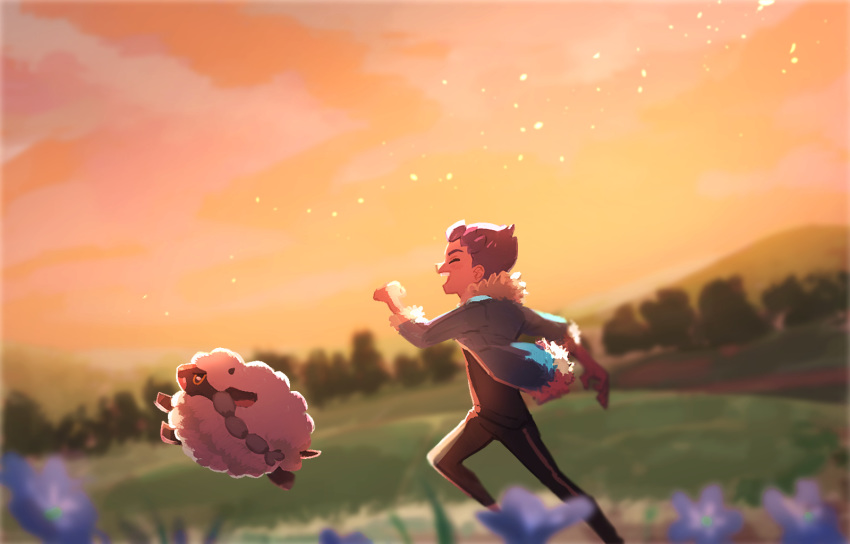 1boy, blue_flower, blue_jacket, blurry, blurry_background, blush, closed_eyes, clouds
