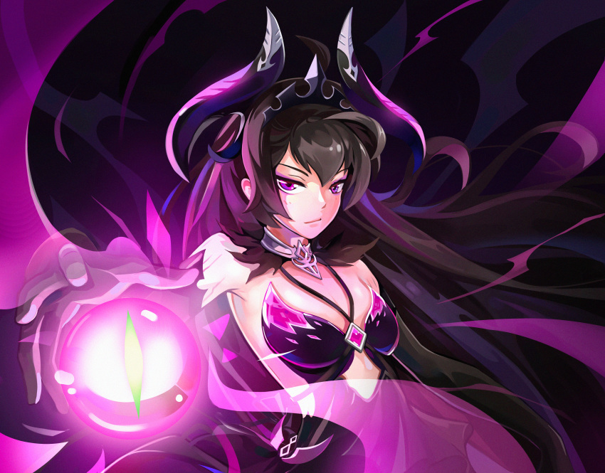 1girl, absurdres, black_hair, energy_ball, epic7, flat_chest, floating_hair, highres, huge_filesize, long_hair, looking_at_viewer, open_hand, solo, tdh123, tenebria, violet_eyes