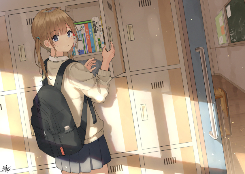 1girl, backpack, bag, bangs, blue_eyes, blush, brown_hair, brown_sweater