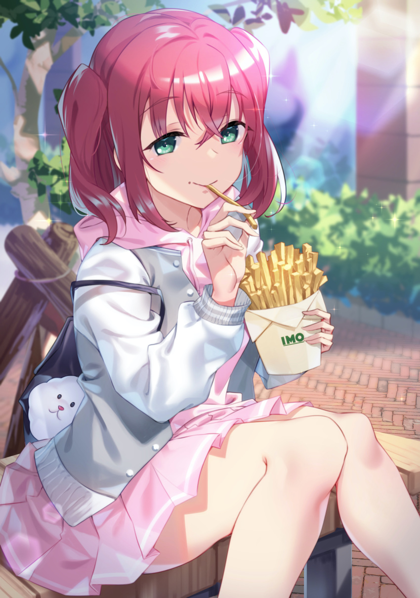 1girl, absurdres, backpack, bag, bangs, bench, blue_jacket, blush