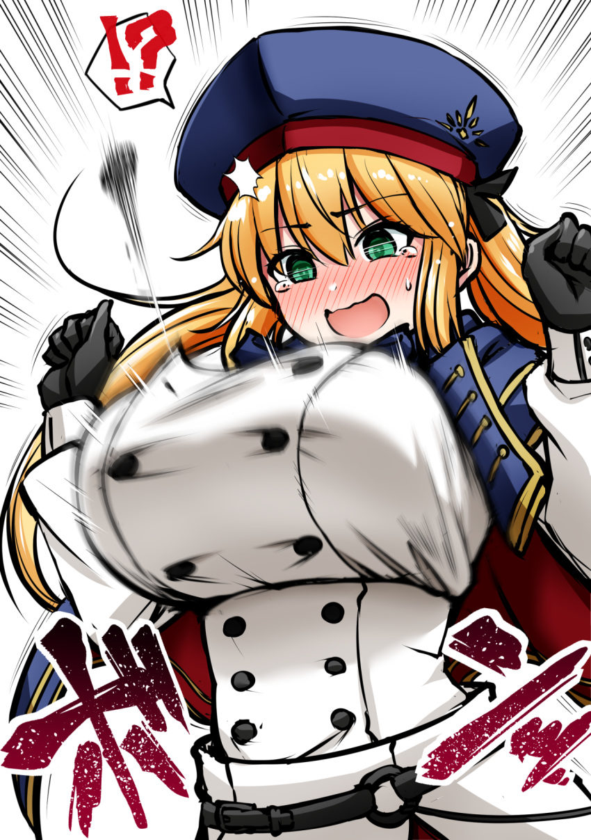 !?, 1girl, alternate_breast_size, artoria_pendragon_(all), artoria_pendragon_(caster), bangs, beret, blonde_hair, blue_cape, blue_headwear, blush, breasts, buttons, cape, crying, double-breasted, dress, fate/grand_order, fate_(series), gloves, green_eyes, hat, highres, kanno_takanori, large_breasts, long_hair, long_sleeves, multicolored, multicolored_cape, multicolored_clothes, open_mouth, simple_background, tearing_up, twintails, white_background, white_dress