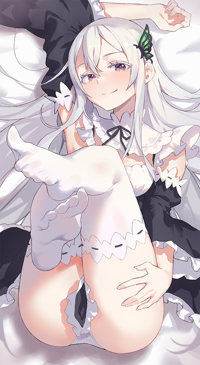1girl, bangs, bare_shoulders, blush, breasts, butterfly_hair_ornament, detached_sleeves, echidna_(re:zero)
