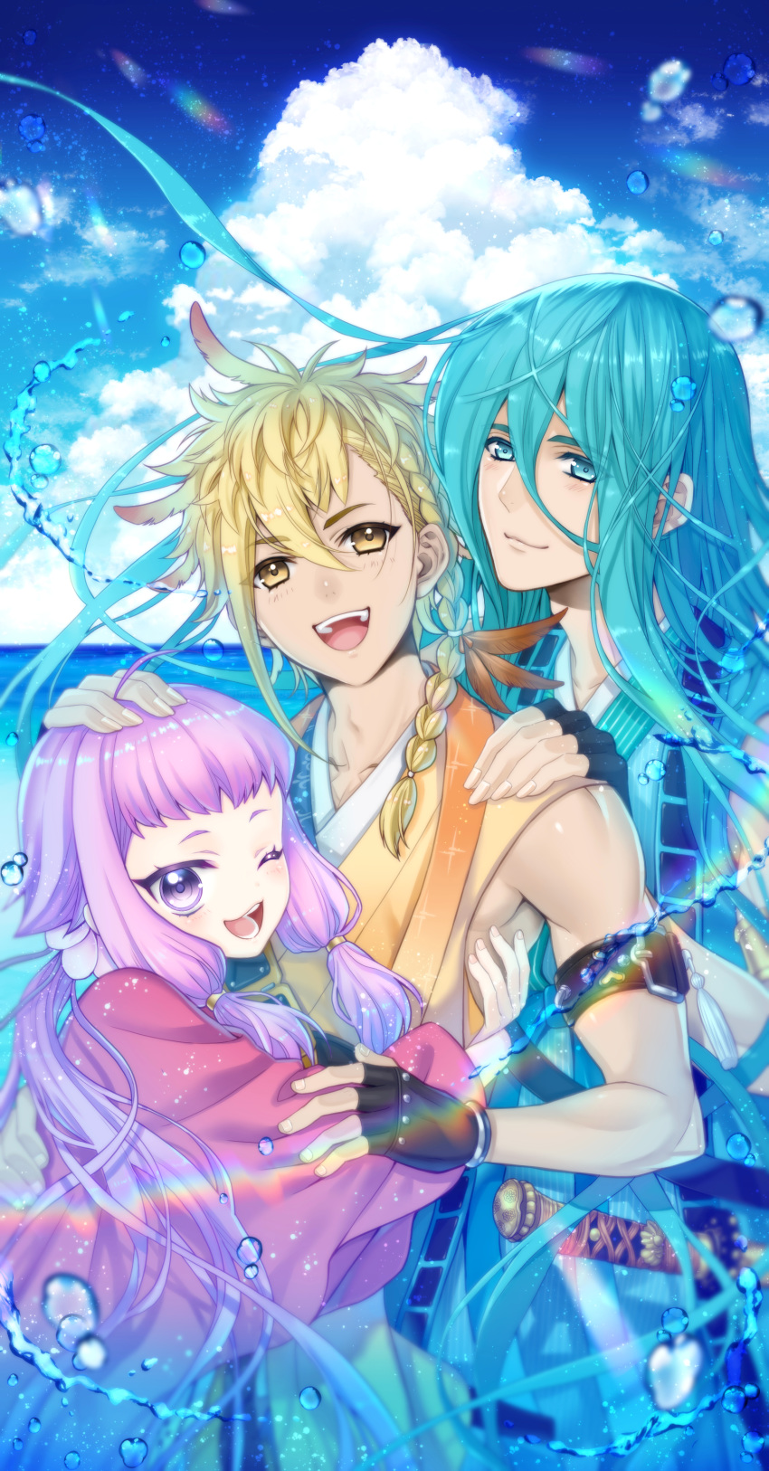 3boys, :d, ;d, absurdres, aqua_eyes, aqua_hair, black_gloves, blonde_hair