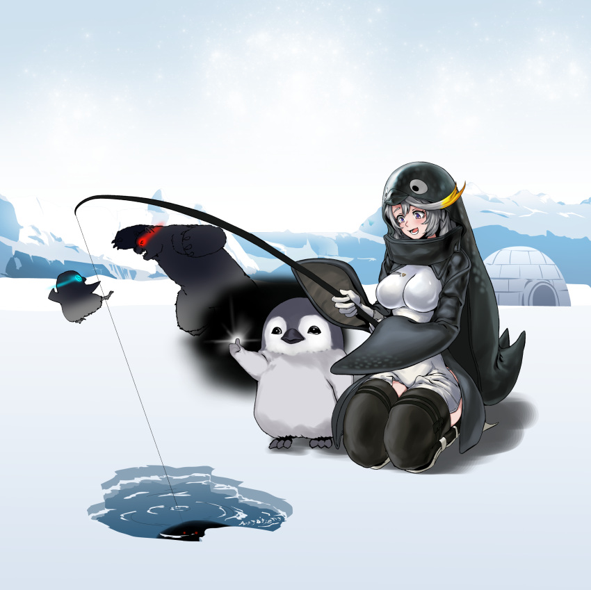 1girl, absurdres, animal, animal_costume, animal_hood, artpatient, bear, bird