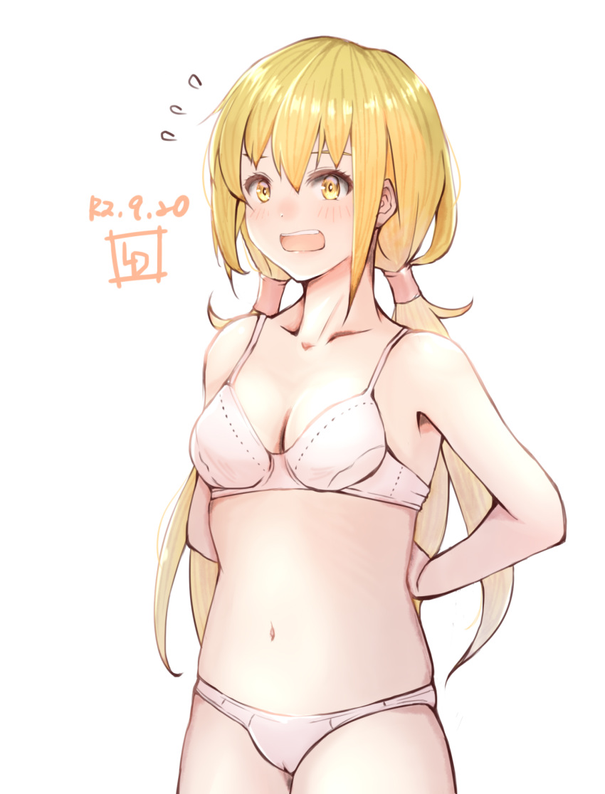 1girl, artist_logo, blonde_hair, bra, commentary_request, cowboy_shot, dated, flying_sweatdrops