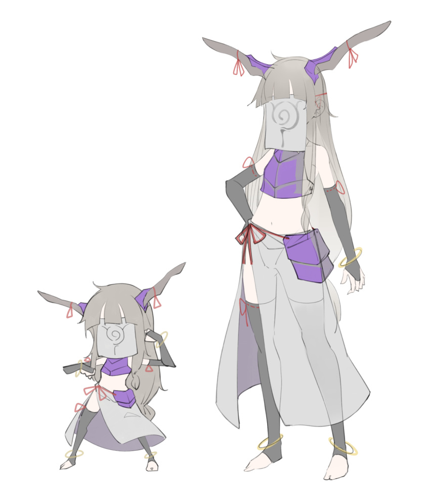 1girl, ahoge, anklet, armor, bangs, bare_shoulders, black_legwear, blonde_hair, bracelet, bridal_gauntlets, chibi, covered_face, elbow_gloves, facing_viewer, fighting_stance, gloves, hair_tubes, hand_on_hip, highres, hoop, horn_ornament, horn_ribbon, horns, ibuki_suika, jewelry, legs_apart, long_hair, low-tied_long_hair, mask, midriff, multiple_views, navel, no_shoes, o_(crazyoton46), oni, ribbon, sarong, see-through, sidelocks, sleeveless, standing, stirrup_legwear, toeless_legwear, touhou, veil, very_long_hair