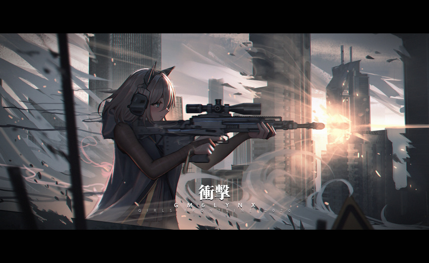1girl, animal_ear_headphones, bangs, blue_eyes, bridal_gauntlets, brown_hair, building, city