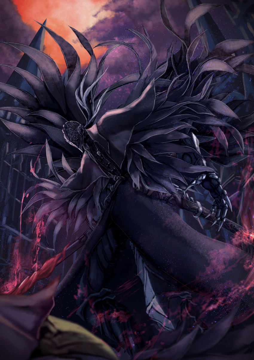 1boy, 1girl, absurdres, armor, aura, bird_mask, blood, bloodborne