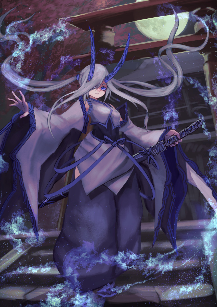 1girl, absurdres, bare_shoulders, blue_eyes, blue_fire, blue_horns, blue_theme, closed_mouth