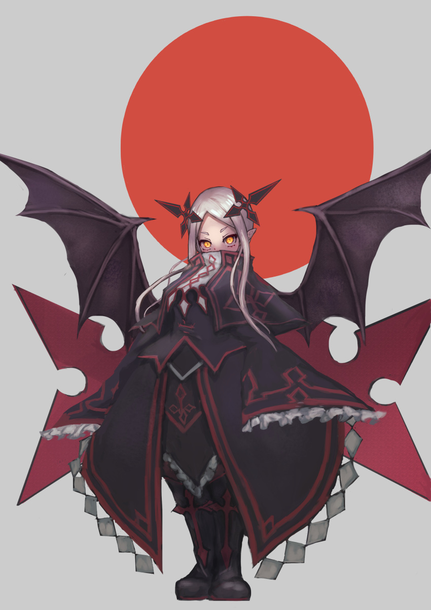 1girl, absurdres, bat_wings, black_footwear, blush, covered_mouth, cross, frilled_sleeves