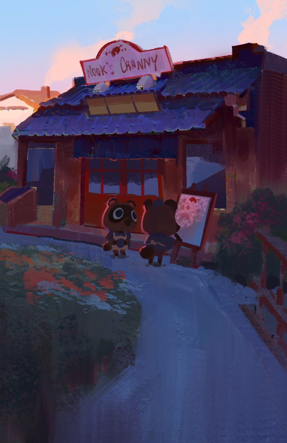2boys, animal_ears, apron, blue_headwear, blue_shirt, building, commentary_request, doorway, doubutsu_no_mori, grass, hat, highres, holding, holding_pen, looking_at_another, mamekichi_(doubutsu_no_mori), multiple_boys, outdoors, pen, pixiescout, raccoon_ears, raccoon_tail, shirt, shop, sign, tail, tsubukichi_(doubutsu_no_mori), white_apron