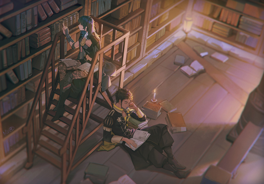 1boy, 1girl, alzi_xiaomi, bangs, black_footwear, book, boots, byleth_(fire_emblem)