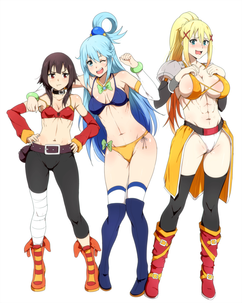 3girls, abs, alternate_costume, aqua_(konosuba), bandaged_leg, bandages, bare_shoulders, belt