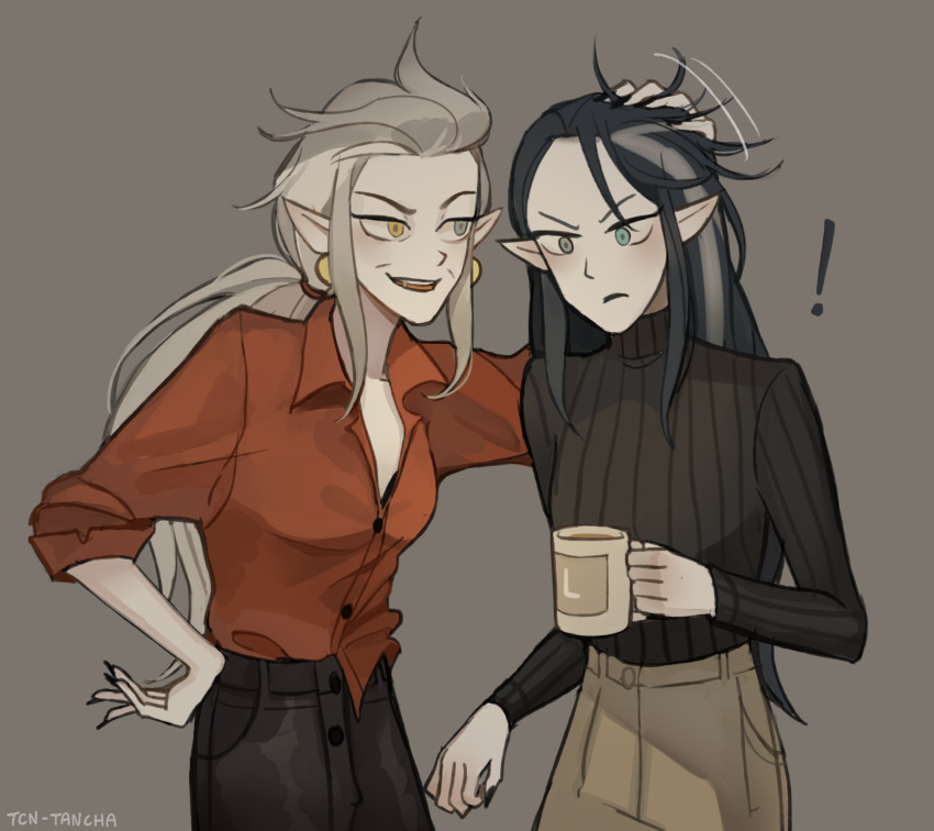 !, >:(, 2girls, aqua_eyes, black_hair, black_nails, black_sweater, collared_shirt