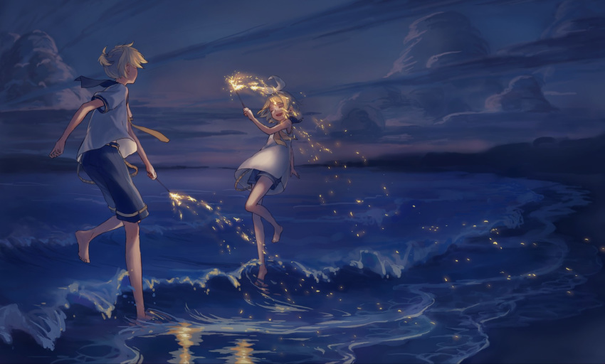 1boy, 1girl, akizakura_mns, bangs, bare_shoulders, barefoot, beach, belt