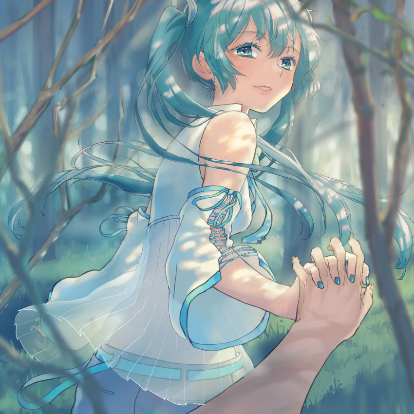1boy, 1girl, akizakura_mns, alternate_costume, aqua_eyes, aqua_hair, aqua_nails, aqua_neckwear, bare_shoulders, belt, blue_skirt, commentary, dappled_sunlight, detached_sleeves, forest, hair_ornament, half-closed_eyes, hatsune_miku, highres, holding_hands, interlocked_fingers, lace-up_sleeves, light_smile, lips, long_hair, looking_at_viewer, master_(vocaloid), nail_polish, nature, necktie, outdoors, parted_lips, pov, pov_hands, see-through, shirt, sidelighting, skirt, sleeveless, sleeveless_shirt, sunlight, tree, twintails, very_long_hair, vocaloid, white_shirt, white_sleeves