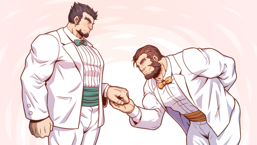 2boys, bara, black_hair, blush, bowing, brown_eyes, brown_hair, character_request