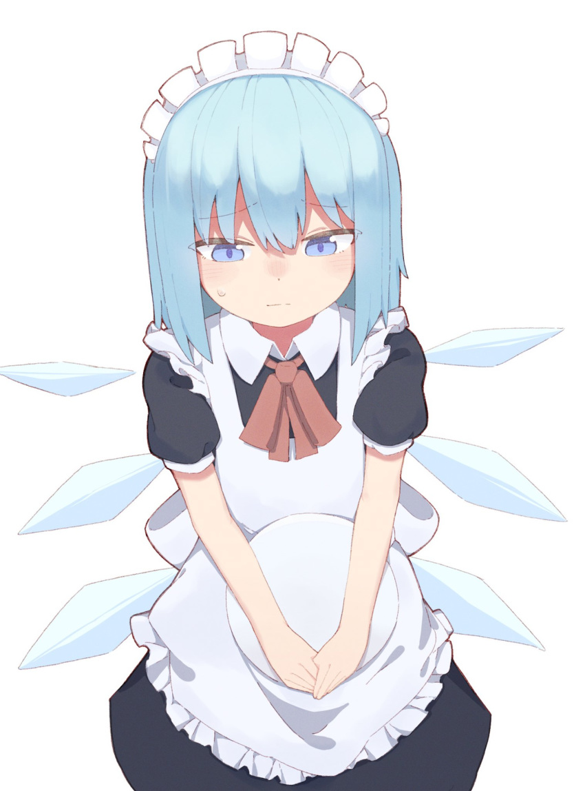 1girl, alternate_costume, apron, bangs, black_dress, blue_eyes, blush, cirno