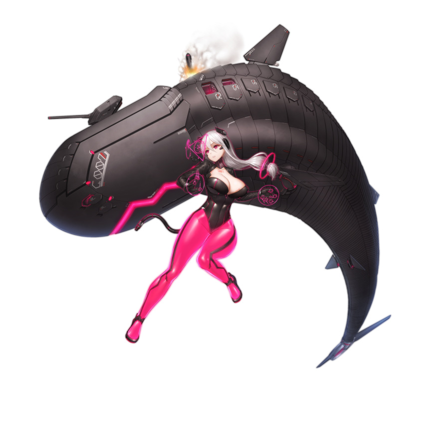 1girl, absurdres, attack, black_footwear, black_leotard, body_writing, breasts, character_request, commentary_request, glowing, hair_between_eyes, hair_ornament, headgear, highres, holographic_touchscreen, hoop, large_breasts, leotard, long_hair, looking_away, looking_to_the_side, low-tied_long_hair, machinery, mechanical_tail, pantyhose, pink_eyes, pink_legwear, qingmingtongzi, shiny, shiny_clothes, simple_background, smoke, solo, tail, torpedo, turret, warship_girls_r, whale, white_background, white_hair