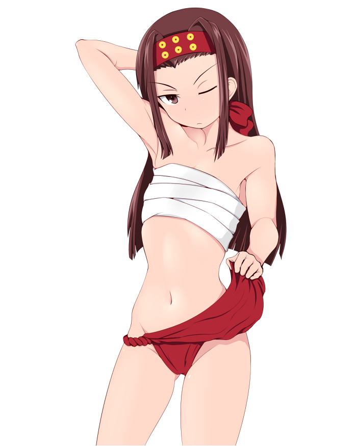 1girl, arm_behind_head, arm_up, brown_eyes, brown_hair, closed_mouth, cowboy_shot, fundoshi