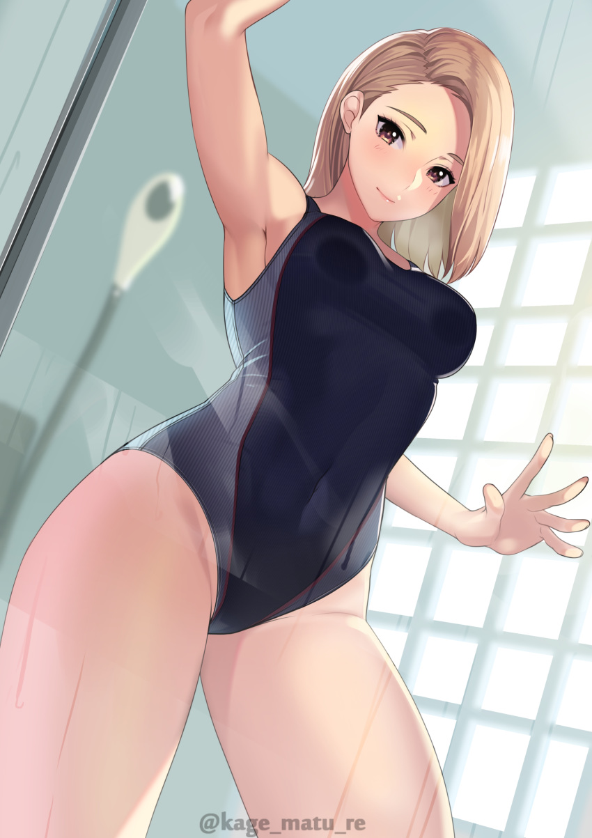 1girl, absurdres, against_glass, armpits, artist_name, bangs, bare_shoulders, blonde_hair, blush, breast_press, breasts, brown_eyes, closed_mouth, commentary_request, covered_navel, fingernails, highres, indoors, kagematsuri, lips, looking_at_viewer, medium_breasts, medium_hair, one-piece_swimsuit, original, parted_bangs, shiny, shiny_hair, shower_(place), signature, simple_background, smile, solo, swimsuit, thighs, watermark