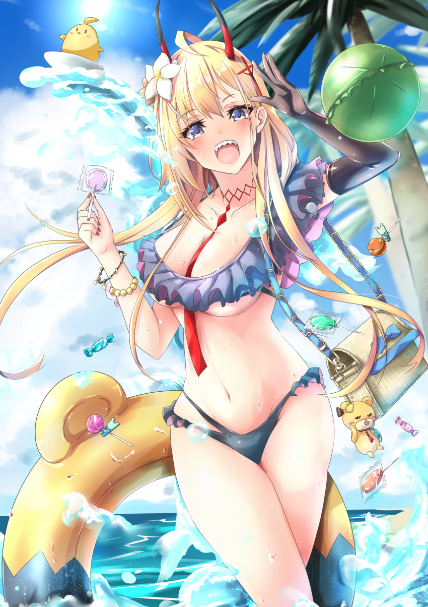 1girl, ahoge, arms_up, azur_lane, bag, bag_charm, ball, bangs