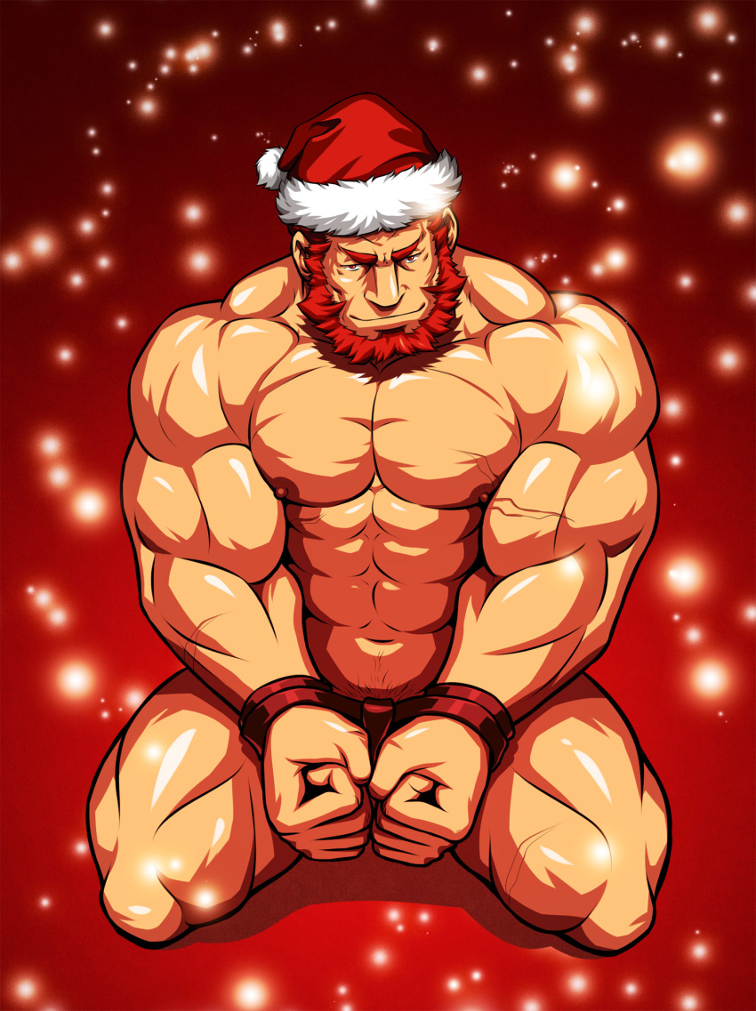 1boy, abs, bara, bare_chest, beard, bound, bound_wrists, chest
