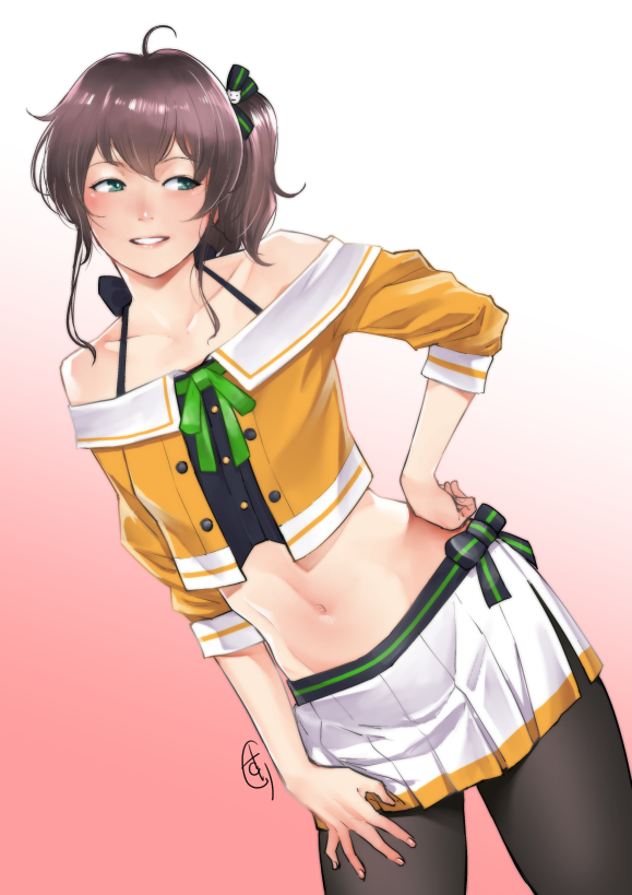 1girl, ahoge, artist_name, bangs, bare_shoulders, black_camisole, black_legwear, black_ribbon, brown_hair, buttons, camisole, collarbone, commentary_request, contrapposto, cowboy_shot, crop_top, cropped_jacket, dutch_angle, ganto, gradient, gradient_background, green_eyes, green_ribbon, hair_ribbon, halterneck, hand_on_hip, hand_on_own_thigh, hololive, jacket, long_hair, looking_away, looking_to_the_side, midriff, miniskirt, natsuiro_matsuri, navel, off-shoulder_jacket, orange_jacket, pantyhose, parted_lips, pink_background, pleated_skirt, ribbon, shiny, shiny_hair, side_ponytail, signature, skirt, sleeves_past_elbows, smile, solo, standing, stomach, striped, striped_ribbon, virtual_youtuber, white_background, white_skirt