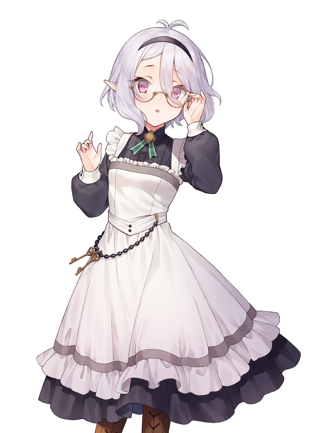 1girl, alternate_costume, antenna_hair, apron, blush, dress, elf, enmaided