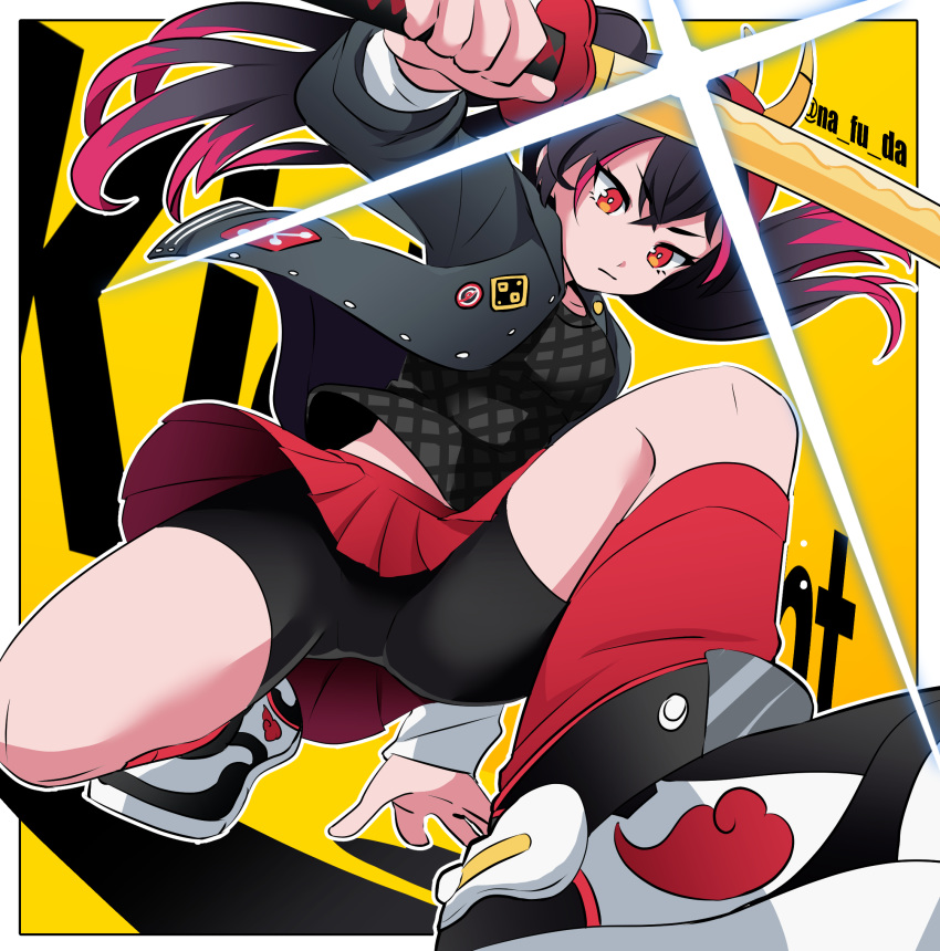 1girl, arm_support, bangs, bike_shorts, black_hair, black_jacket, black_shirt, breasts, closed_mouth, collarbone, commentary_request, copyright_name, crossed_bangs, eyebrows_visible_through_hair, full_body, glint, hair_between_eyes, highres, hitagi_(kick-flight), holding, holding_sword, holding_weapon, jacket, katana, kick-flight, long_sleeves, looking_down, mask, mask_on_head, medium_breasts, midriff_peek, mixed-language_commentary, multicolored_hair, nafuda, oni_mask, open_clothes, open_jacket, pleated_skirt, red_eyes, red_legwear, red_skirt, redhead, shadow, shirt, shoes, shorts, shorts_under_skirt, sidelocks, simple_background, skirt, sneakers, socks, solo, squatting, streaked_hair, sword, twintails, twitter_username, two-tone_hair, upskirt, weapon, yellow_background