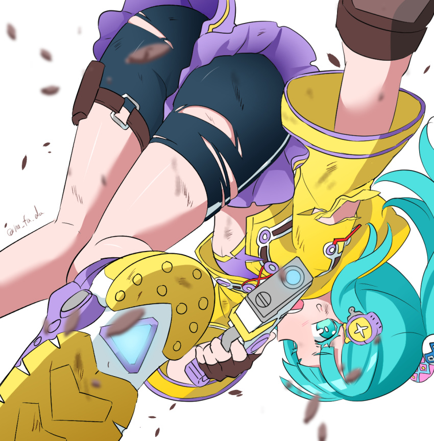 1girl, ankle_socks, ass, bangs, bike_shorts, blue_eyes, blue_hair, blunt_bangs