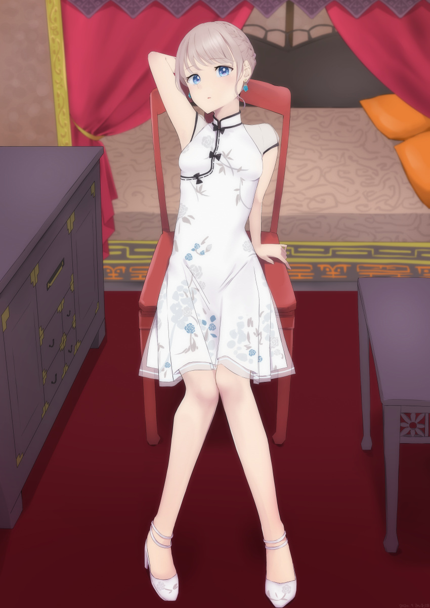 1girl, absurdres, arm_up, bangs, blue_eyes, blurry, blurry_background, braid