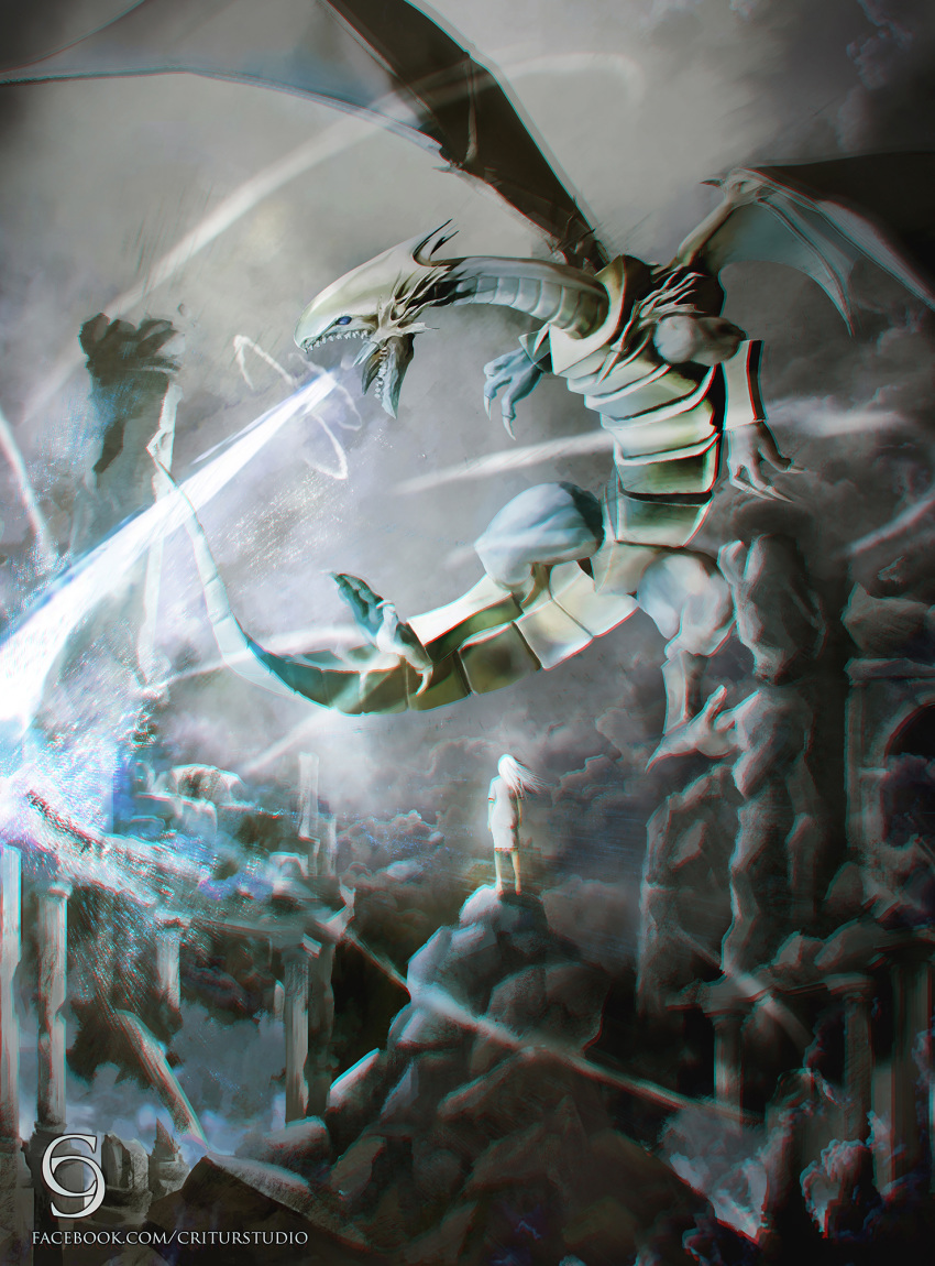 1girl, andybelzark, blue-eyes_white_dragon, blue_eyes, commentary_request, dragon, dress, duel_monster