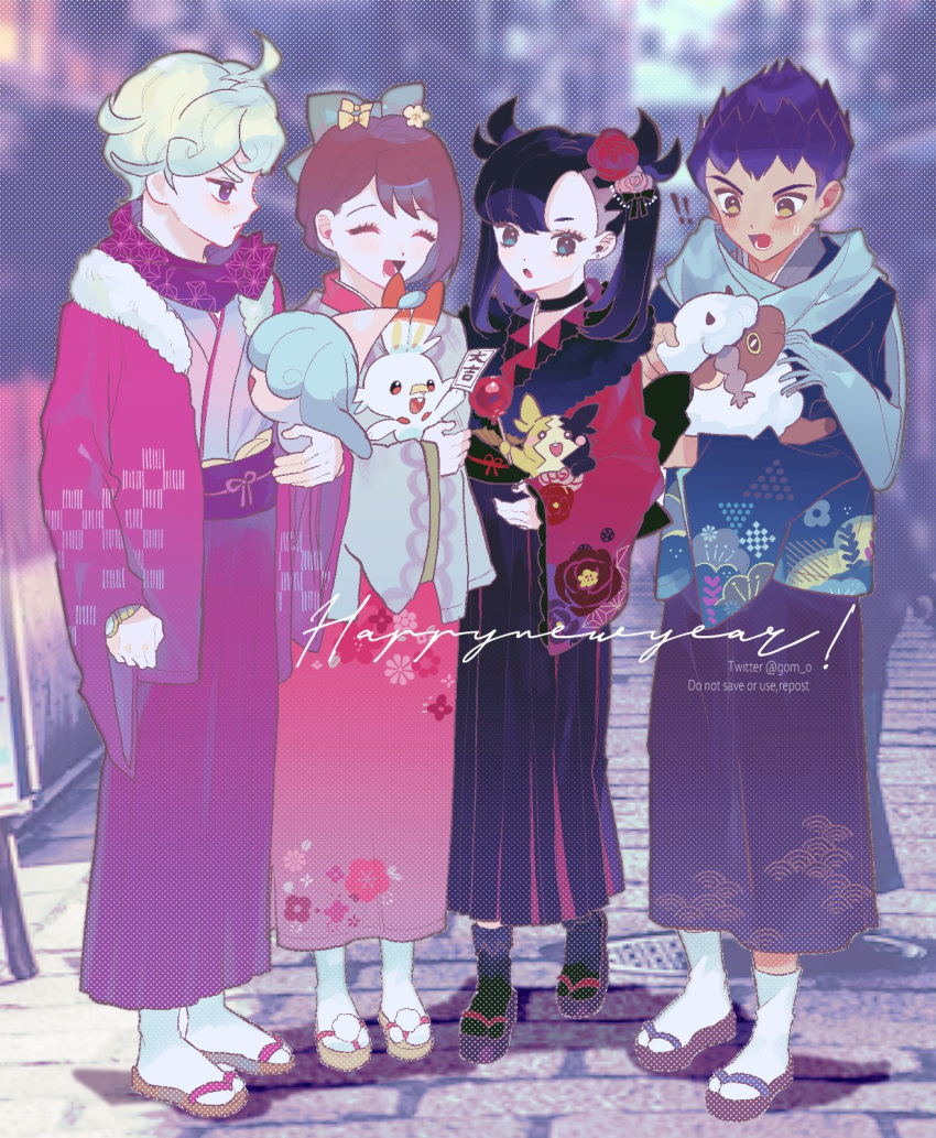 2boys, 2girls, ahoge, asymmetrical_bangs, bangs, bede_(pokemon), black_choker, black_hair