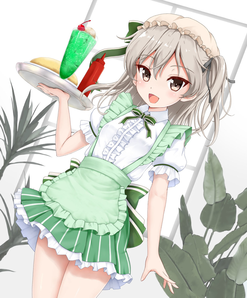 1girl, :d, apron, blush, bow, breasts, brown_eyes, center_frills