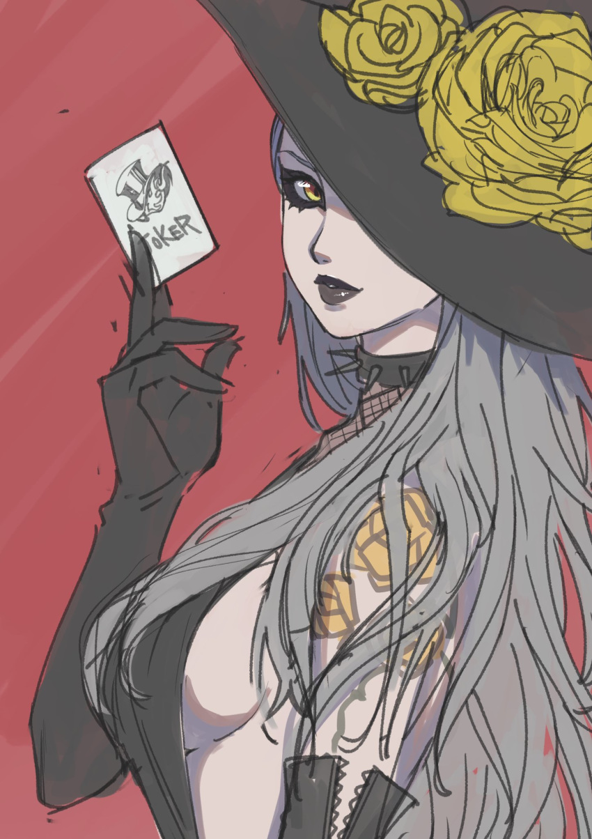 1girl, black_dress, black_gloves, black_lips, black_lipstick, breasts, card, collar, dress, elbow_gloves, flower, gloves, hat, highres, holding, holding_card, large_breasts, lipstick, long_hair, looking_at_viewer, makeup, niijima_sae, persona, persona_5, playing_card, poechan_chan, red_background, rose, shadow_(persona), shadow_sae, shoulder_tattoo, sideboob, silver_hair, spiked_collar, spikes, tattoo, yellow_eyes, yellow_flower, yellow_rose