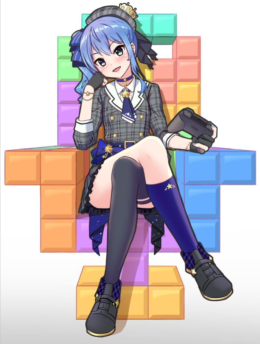 1girl, :d, ascot, asymmetrical_hair, asymmetrical_legwear, beret, black_footwear, black_gloves