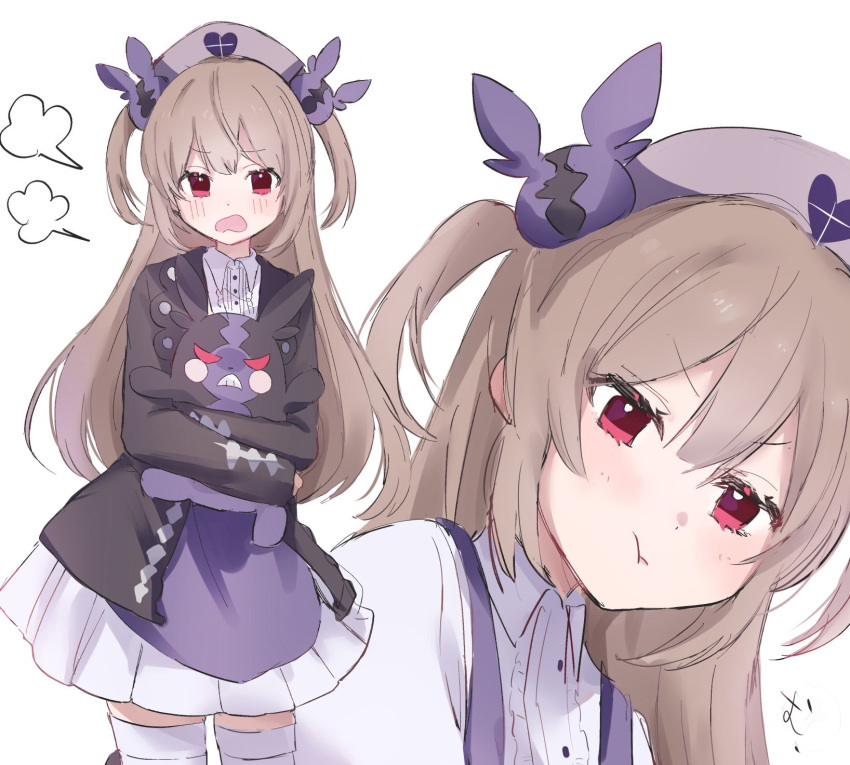 1girl, :t, alternate_color, bangs, black_jacket, blush, brown_hair, closed_mouth