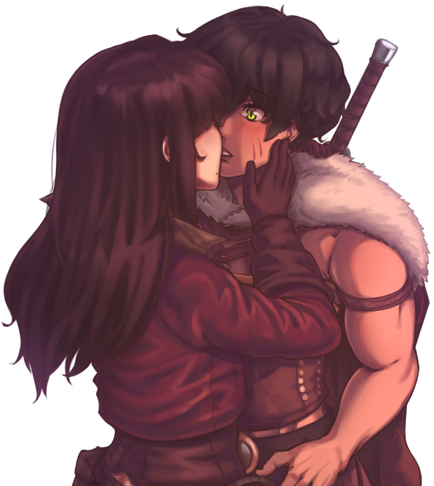 belt, bloopiest, blush, brown_gloves, brown_hair, cape, carina_(bloopiest), commentary