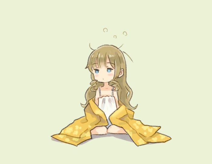 1girl, alternate_costume, alternate_hairstyle, brown_hair, camisole, commentary_request, drill_hair, full_body