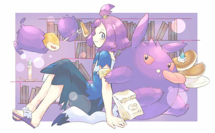 1girl, acerola_(pokemon), armlet, bag, blush, book, candle, closed_mouth
