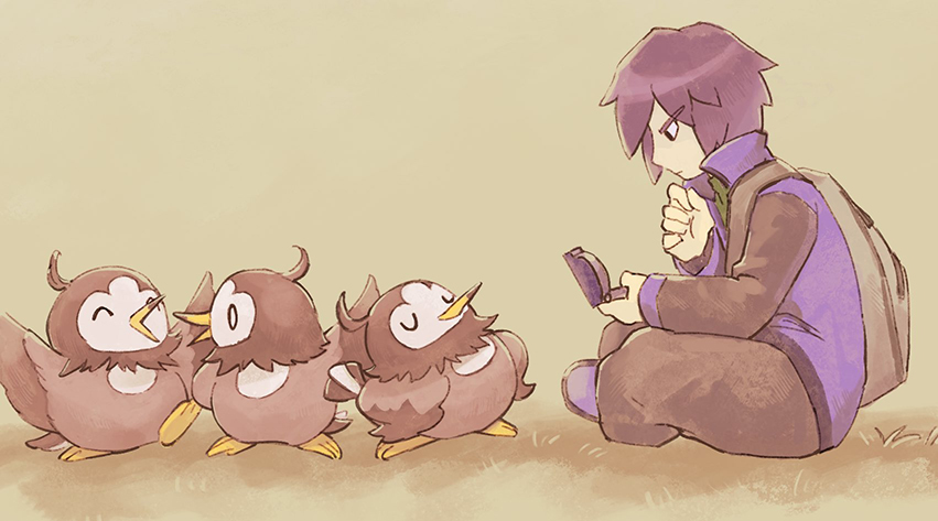 1boy, backpack, bag, brown_pants, closed_mouth, commentary_request, eyebrows_visible_through_hair, gen_4_pokemon