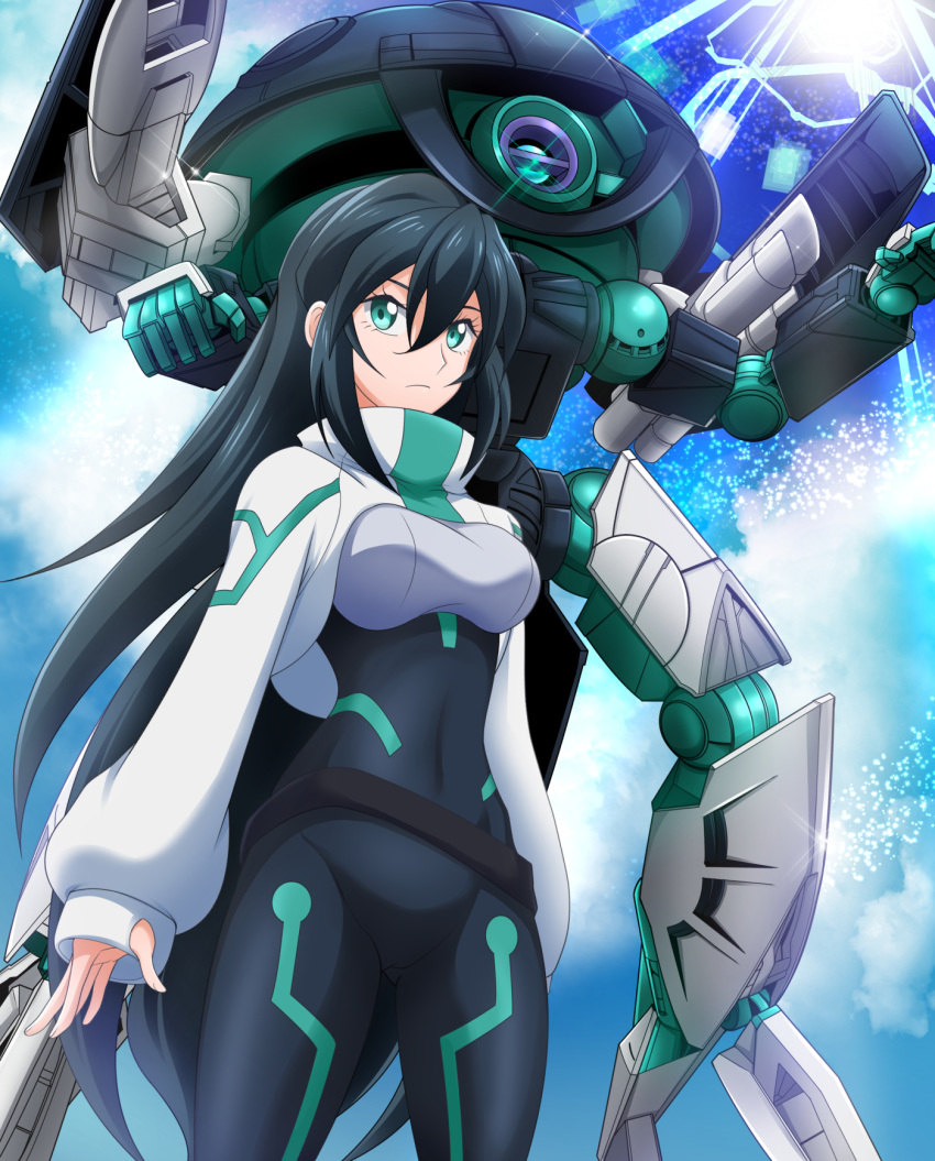 1girl, aqua_eyes, bodysuit, breasts, covered_navel, gundam, gundam_build_divers, gundam_build_divers_re:rise