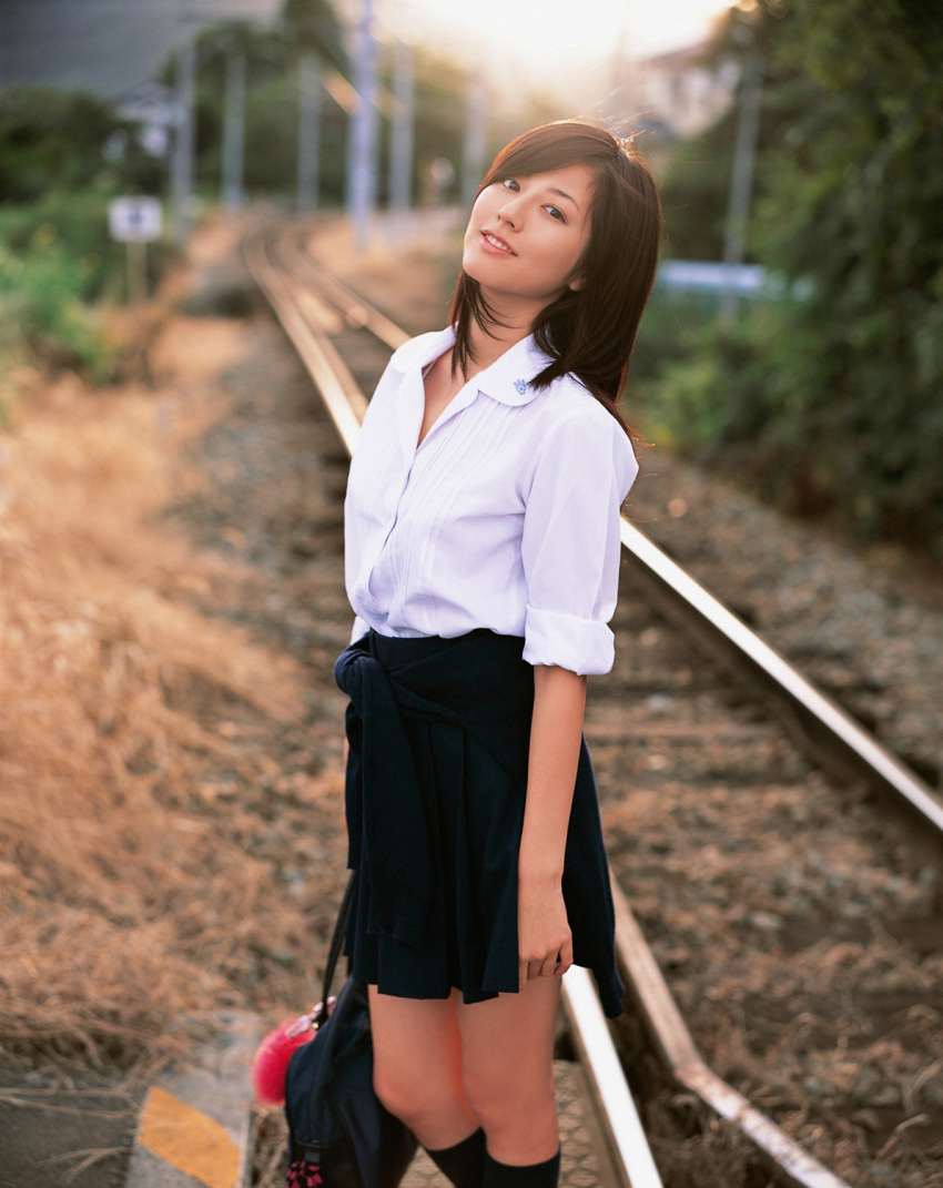 cosplay, knee_socks, photo, school_uniform, sugimoto_yumi, train_tracks