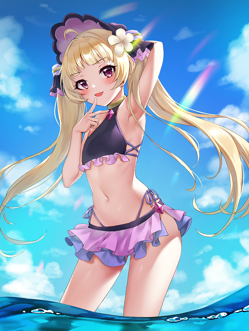1girl, ahoge, arm_behind_head, armpits, bangs, bikini, blonde_hair, blue_sky