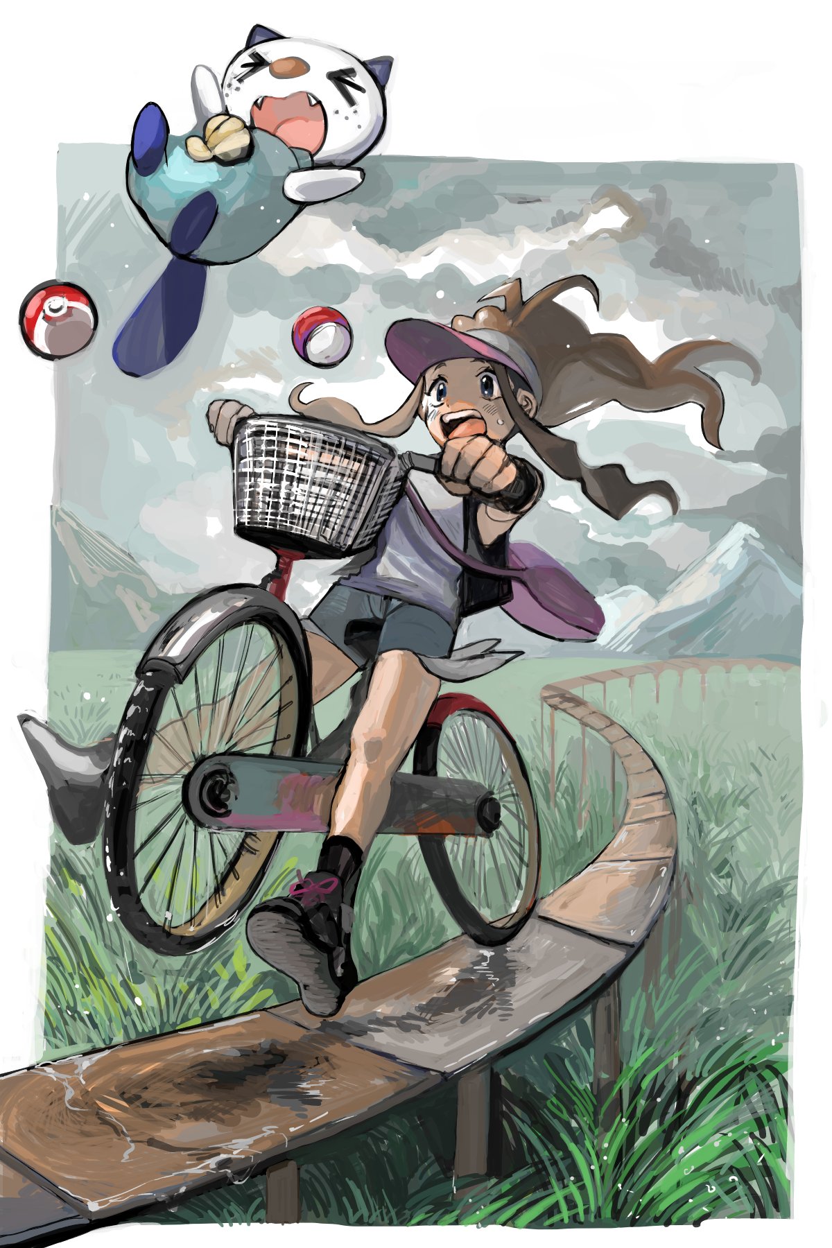 >_<, 1girl, baseball_cap, bicycle, black_legwear, black_vest, commentary_request, day